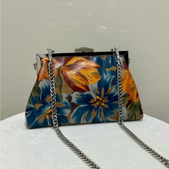 Beautiful Floral Print Genuine Leather Push-lock Clutch/Shoulder Bag/Crossbody - Picture 1 of 16